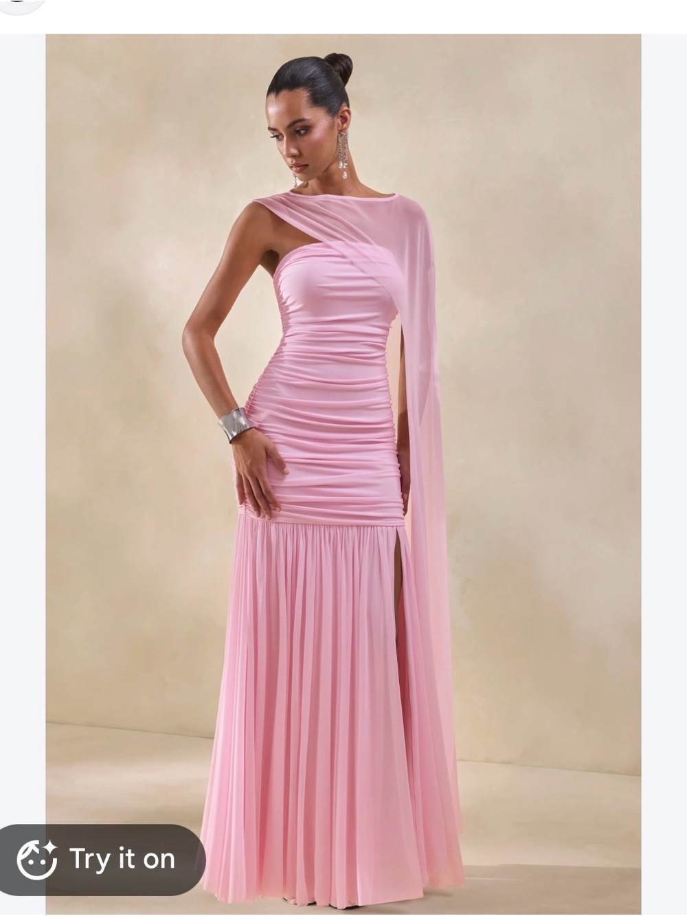 One-Shoulder Pink Ruched Evening Gown